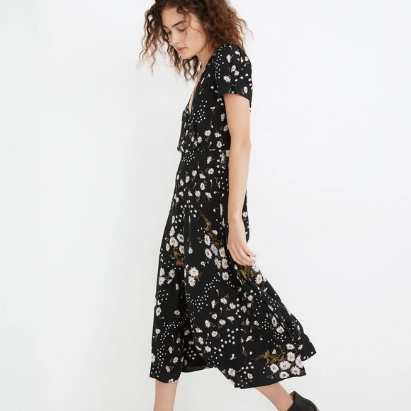 Madewell Puff-Sleeve Wrap-Front Midi Dress in Polka Daisies Size 4 - Picture 3 of 8